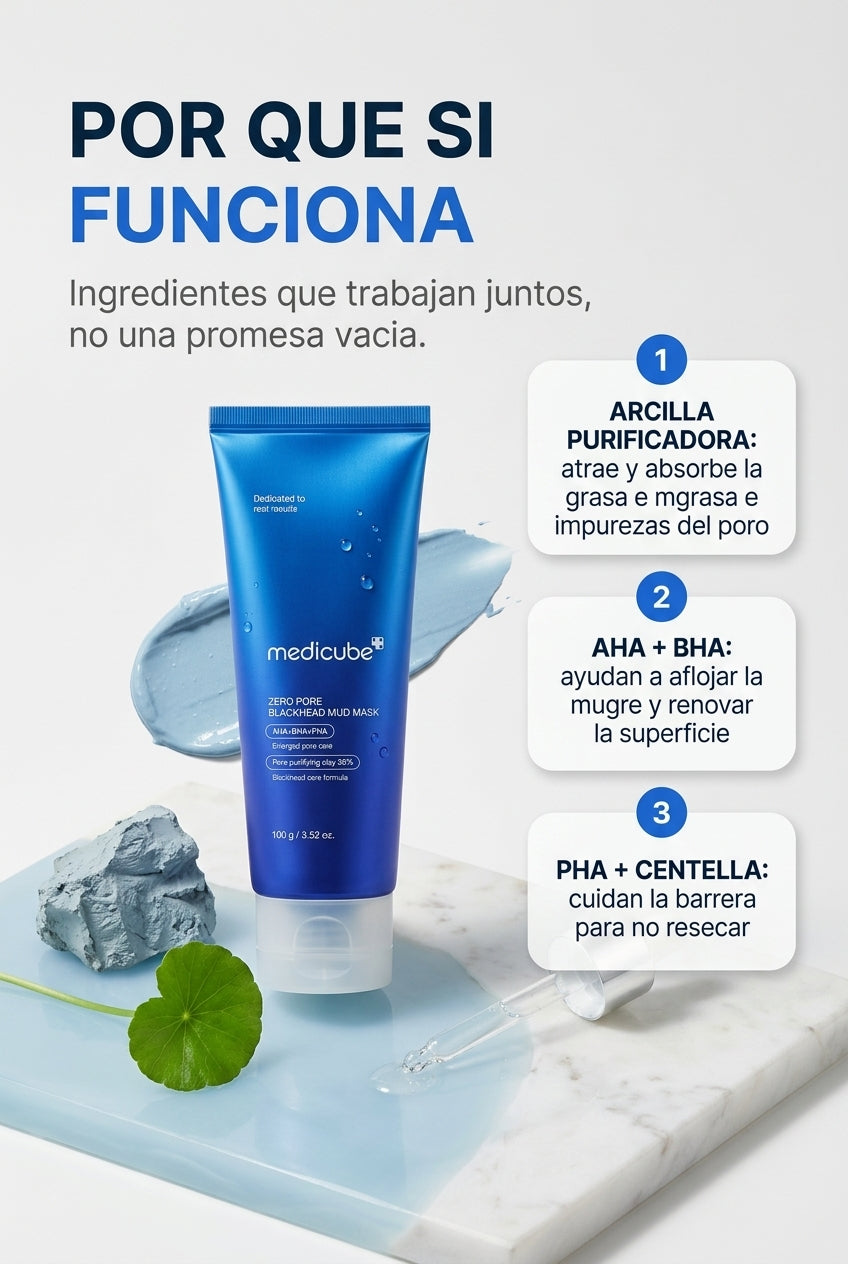 Ingredientes: arcilla purificadora, AHA BHA, PHA y centella